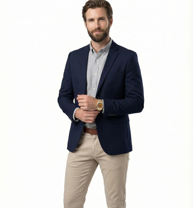 AI model wearing navy blazer